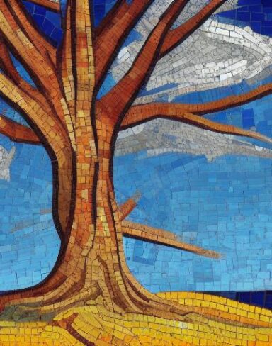 A painting of a big tree with a sunny sky in the background