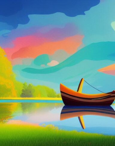 A painting of a boat in the middle of a lake