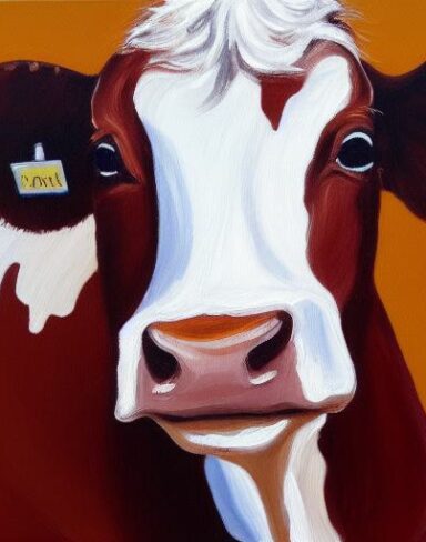 A painting of a brown and white cow