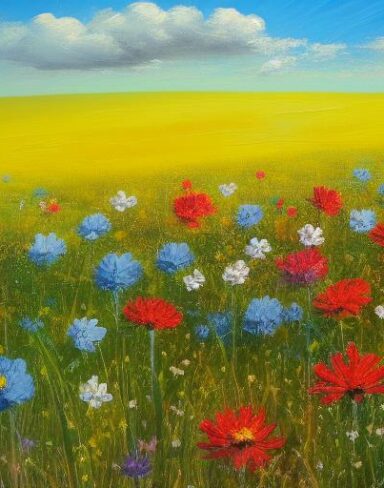 A painting of a bunch of floral in a grassland with blue sky