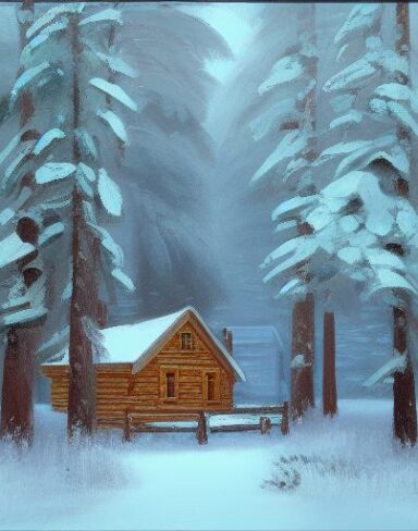 A painting of a cabin in a snowy forest