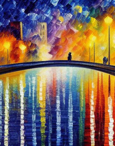 A painting of a city and people near the river