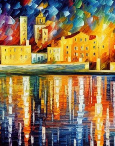 A painting of a city in the water