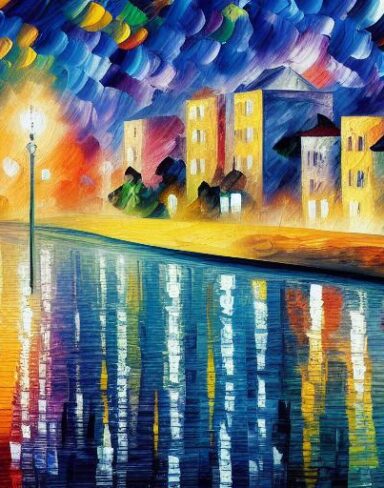 A painting of a city near river