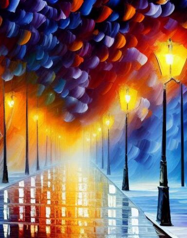 A painting of a city street with snow at night