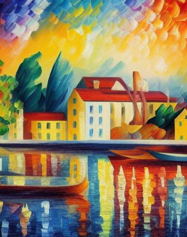 A painting of a city with boat and house