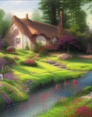 A painting of a cottage and a river