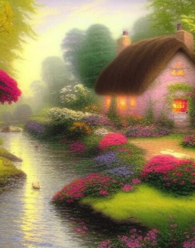 A painting of a cottage by a river with vivid flowers