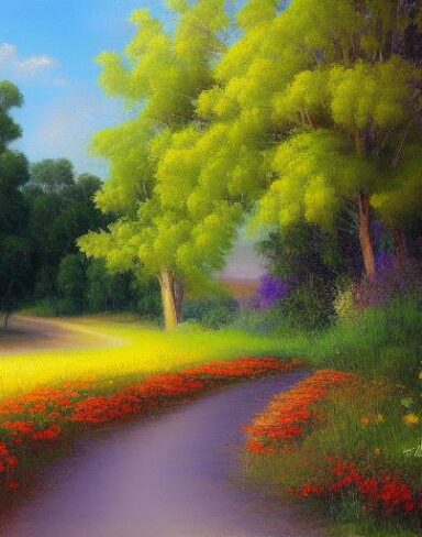 A painting of a country road with flowers along the road
