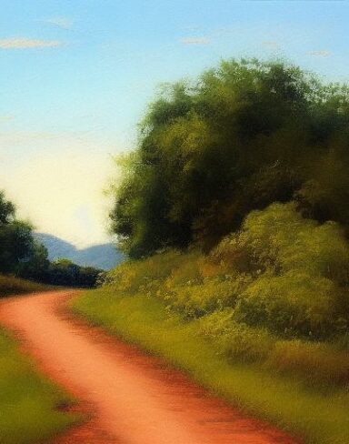 A painting of a country road with lots of shrubs