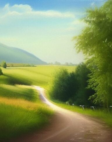 A painting of a country road with water nearby