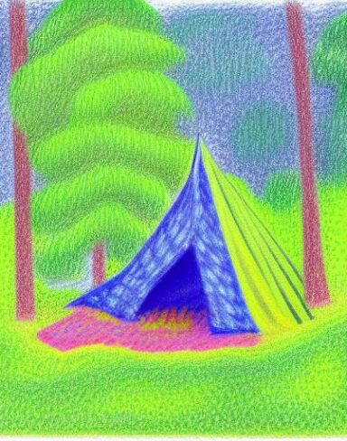 A painting of a forest and a tent