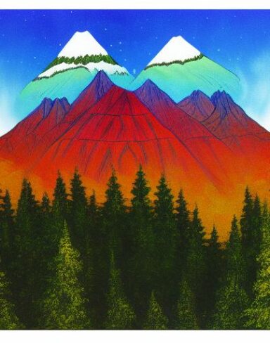 A painting of a forest and mountain