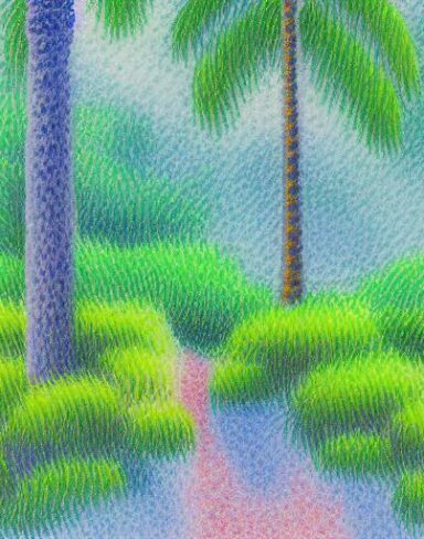 A painting of a forest with palm trees