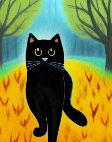 A painting of a giant black cat running in the autumn forest in rainy day