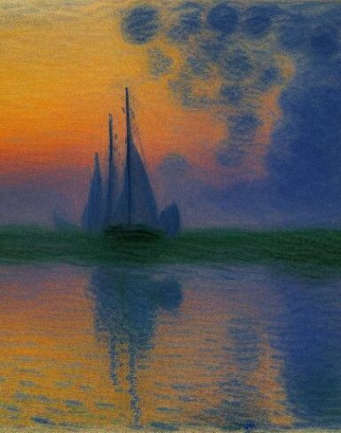 A painting of a giant boat in a body of water at sunset