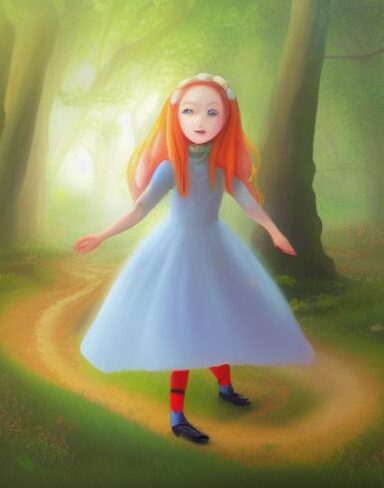 A painting of a girl standing in forest