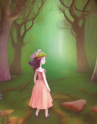 A painting of a girl standing in forest