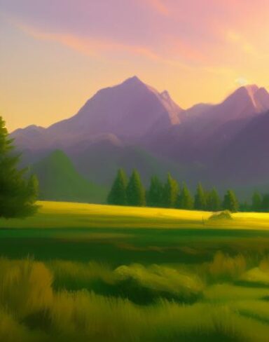 A painting of a green field with mountains in the background