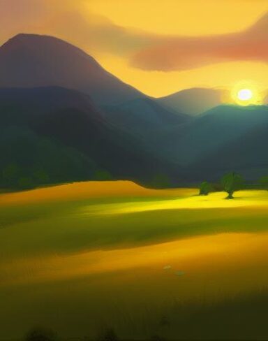 A painting of a green field with mountains in the sunset background