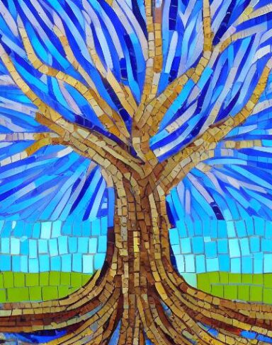 A painting of a huge tree with a blue and bright sky in the background