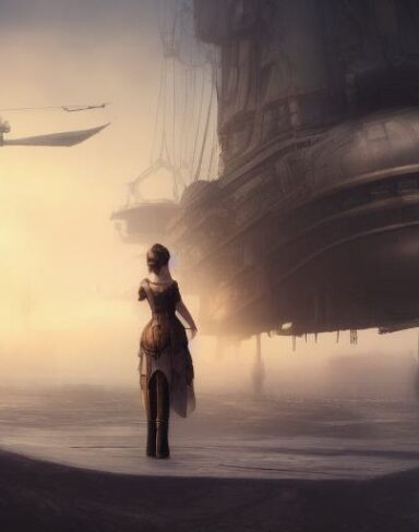 A painting of a lady standing in front of a giant ship