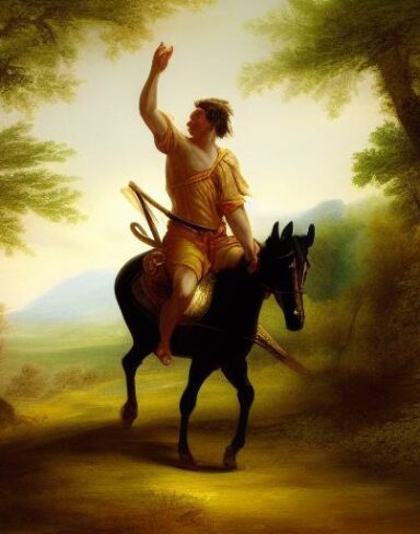 A painting of a man riding on the back of a horse in the forest