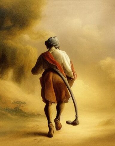 A painting of a man walking with a horse