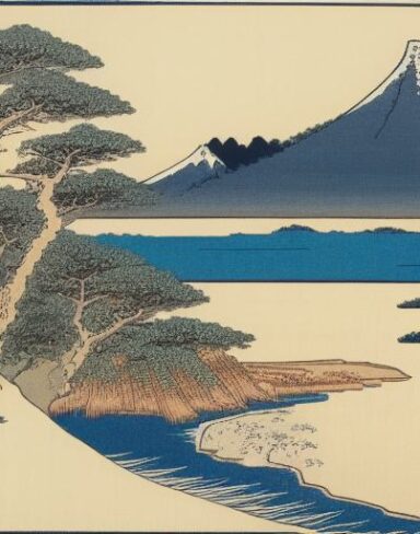 A painting of a mountain and a body of water