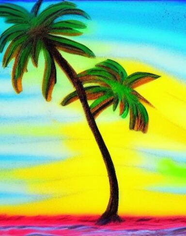 A painting of a palm tree at the beach