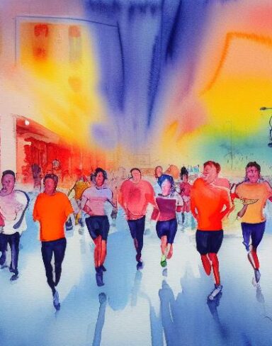 A painting of a people running down a city street
