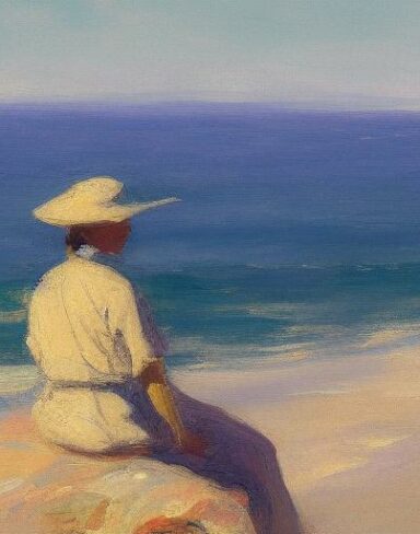 A painting of a person sitting on a rock by the ocean