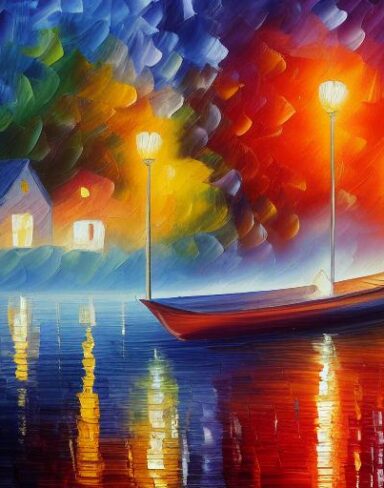 A painting of a river and a boat at night