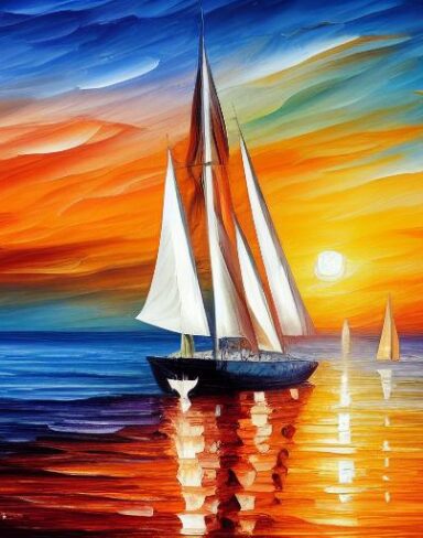 A painting of a sailboat at sunset in the middle of the sea