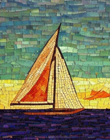 A painting of a sailboat in the sea