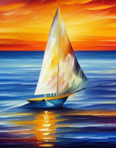 A painting of a sailboat with sunset and the sea