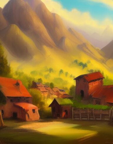 A painting of a small village in the mountains