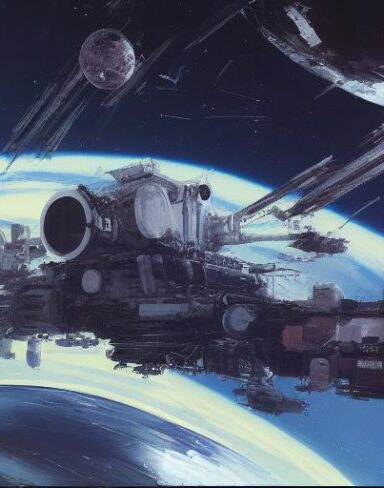 A painting of a space station in the background