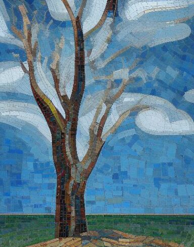 A painting of a tree with a sky and cloud