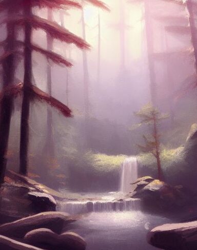 A painting of a waterfall in a forest