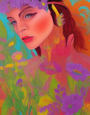 A painting of a woman and many flowers