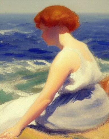 A painting of a woman sitting on a rock by the ocean