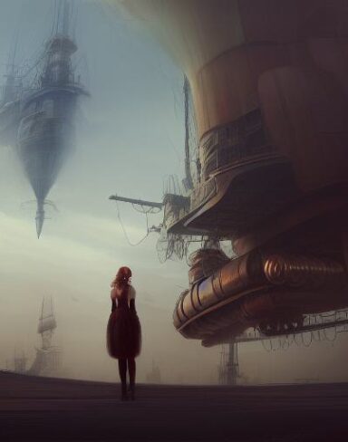 A painting of a woman standing in front of a giant ship