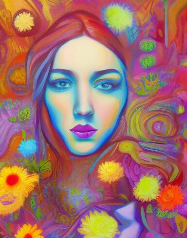 A painting of a woman surrounded by colorful and beautiful flowers