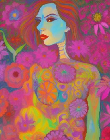 A painting of a woman surrounded by colorful flowers