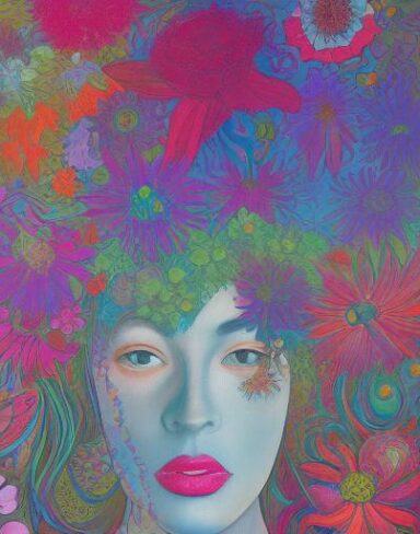 A painting of a woman surrounded by flowers