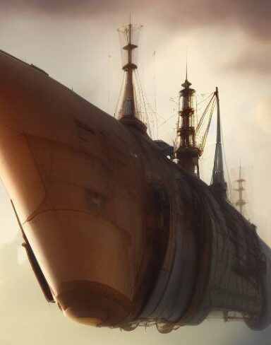 A painting of a woman with a giant ship