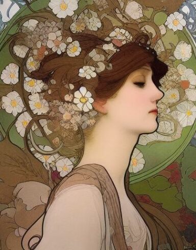 A painting of a woman with flowers in her hair