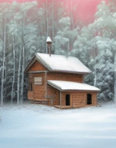 A painting of a wooden house in a snowy forest with snow and trees