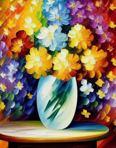 A painting of beautiful and colorful flowers in a vase on a table